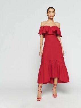 Like New Reformation Baela Red Off-Shoulder Ruffle Midi Dress